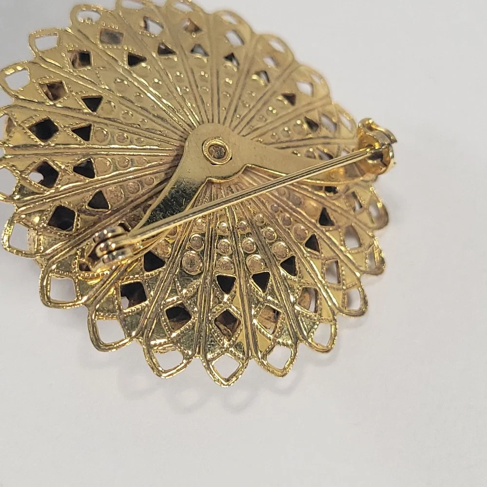 Victorian Revival Brooch Gold Tone Blue Red Faux Sapphire Rhinestones Filigree